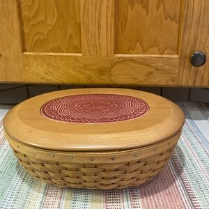Longaberger 2002 ACO Casserole Basket w/ Quilt pattern/Wood Lid, Liner,Protector